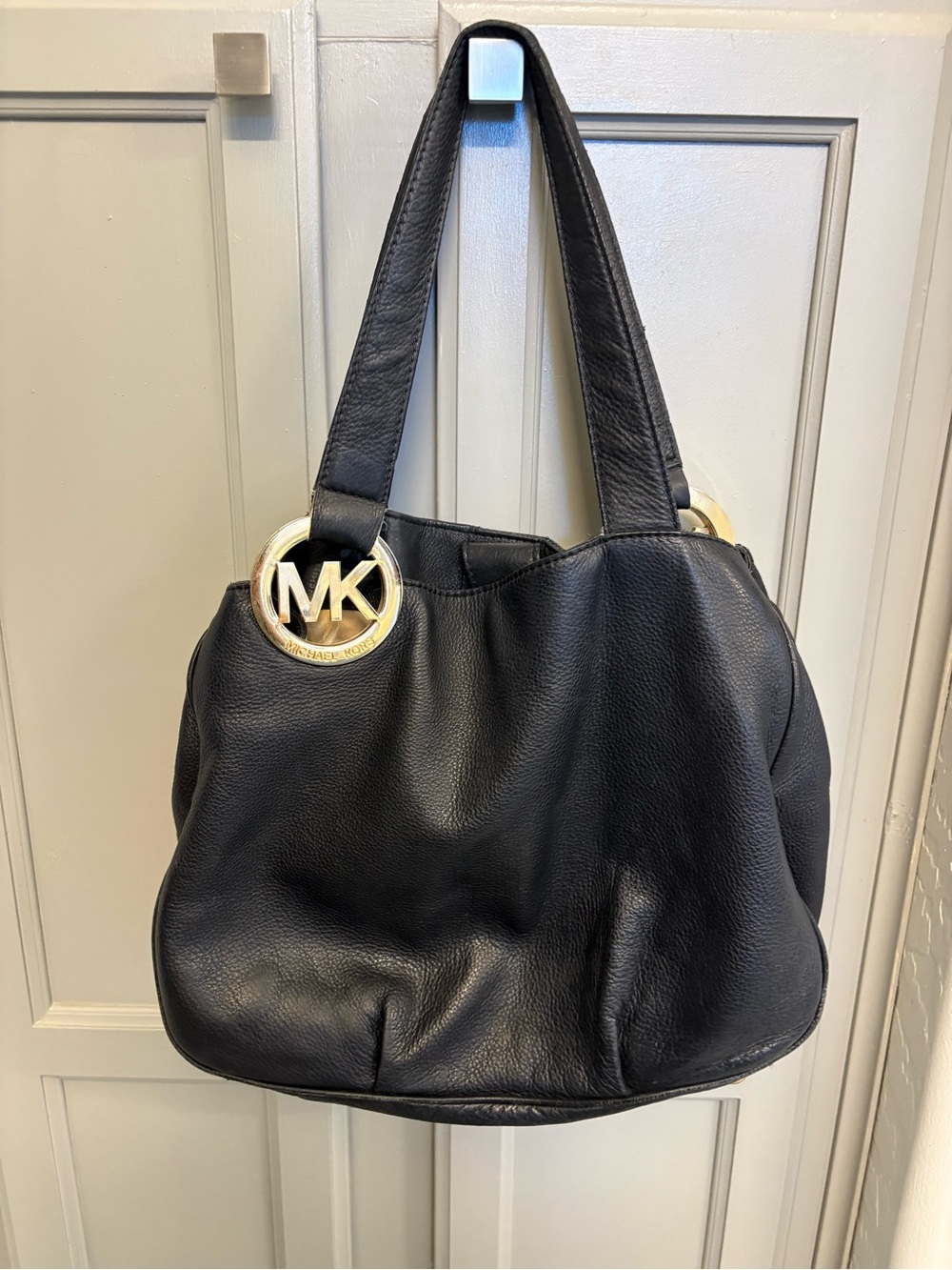 Michael Kors Black Pebbled Leather Shoulder Bag with Gold MK Rings